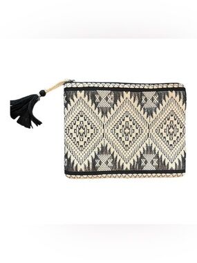 Boho Black White Woven Clutch Geometric Tassel Zip Pouch 8x11